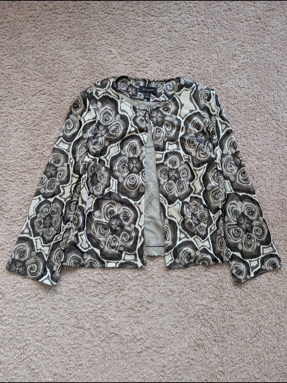 St. John Womens Black Cream Neutral Floral Print Knit Cardigan Sweater Size 12 - Picture 3 of 13